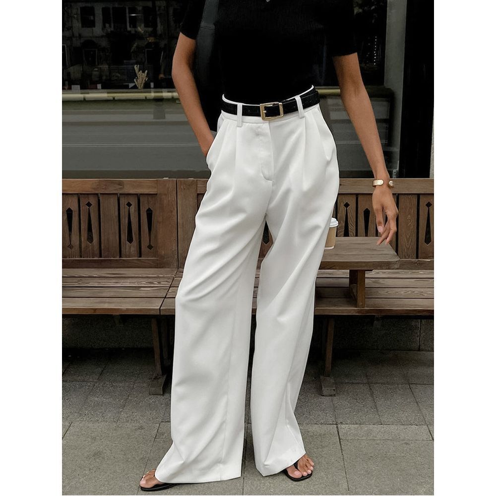 Commense Solid Wide Leg Pants Without Belt Elegant White Wide- Leg size XS/2